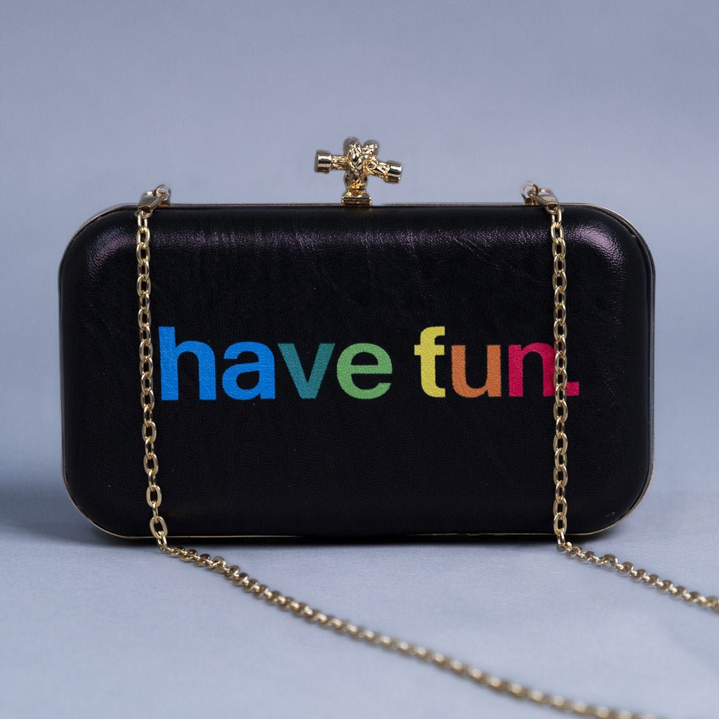 Artklim Black Based Quirky Quote Printed Leatherette Clutch