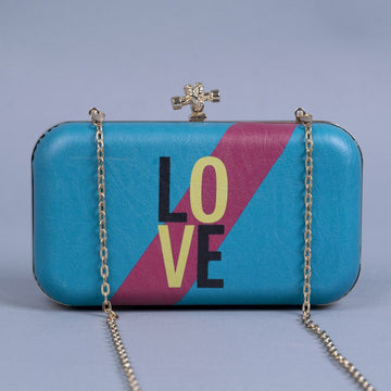 Artklim Sky Blue Based Love Printed Leatherette Clutch