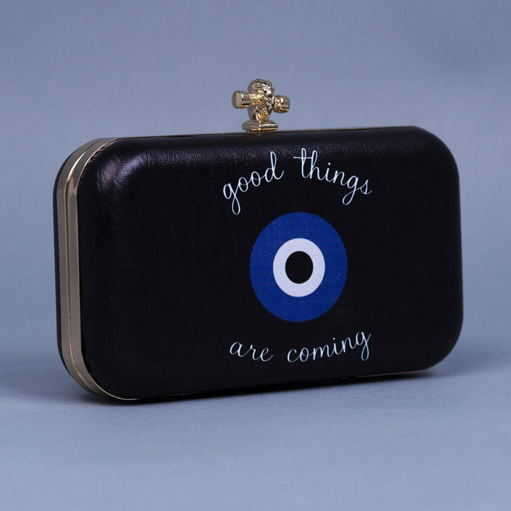 Artklim Black Based Quirky Quote Printed Leatherette Clutch