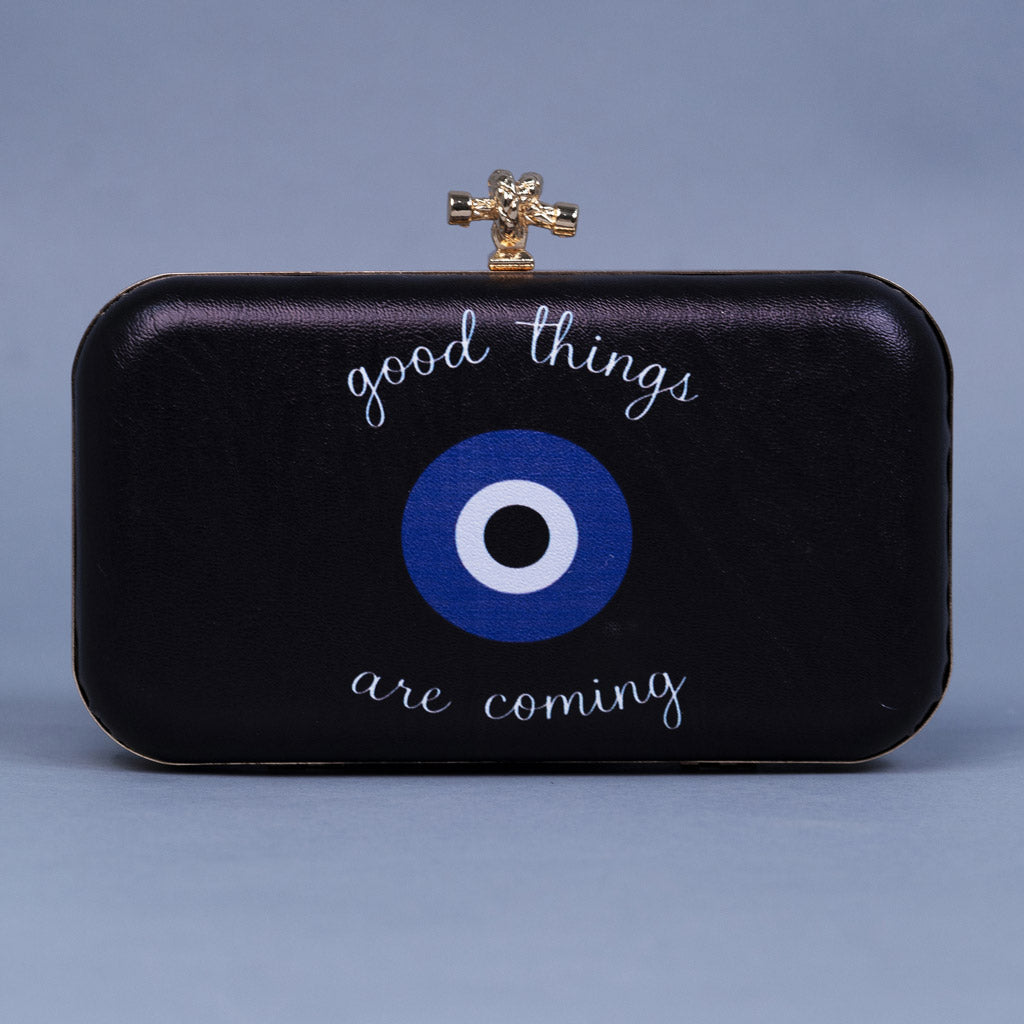 Artklim Black Based Quirky Quote Printed Leatherette Clutch