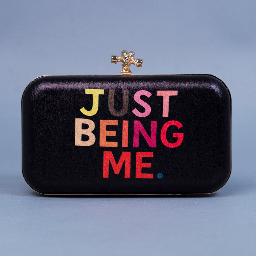Artklim Black Based Quirky Quote Printed Leatherette Clutch