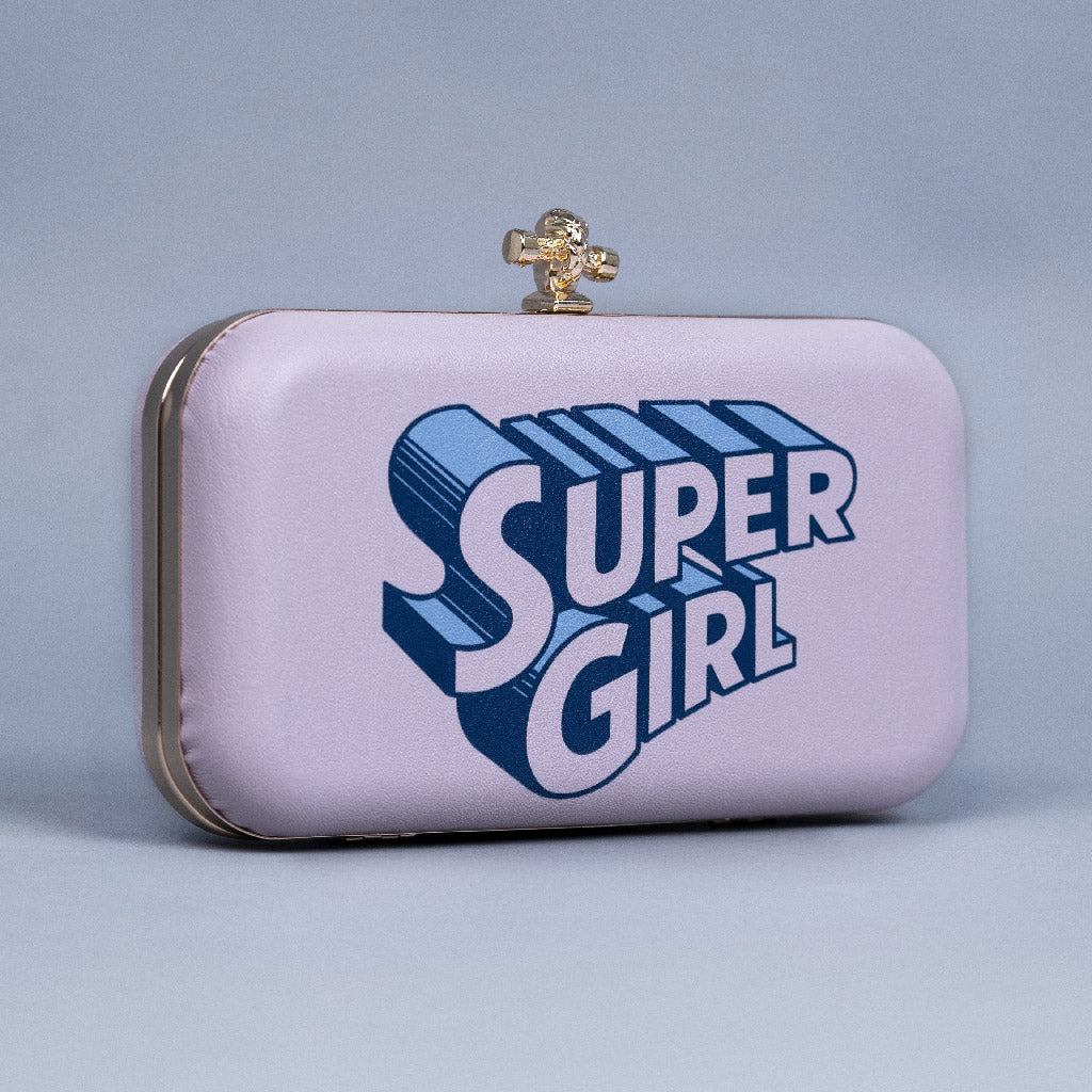 Artklim Light Pink Base Super Girl Printed Leatherette Clutch