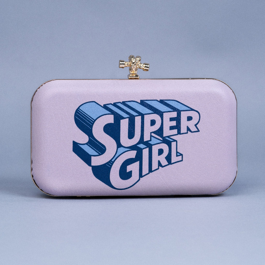 Artklim Light Pink Base Super Girl Printed Leatherette Clutch