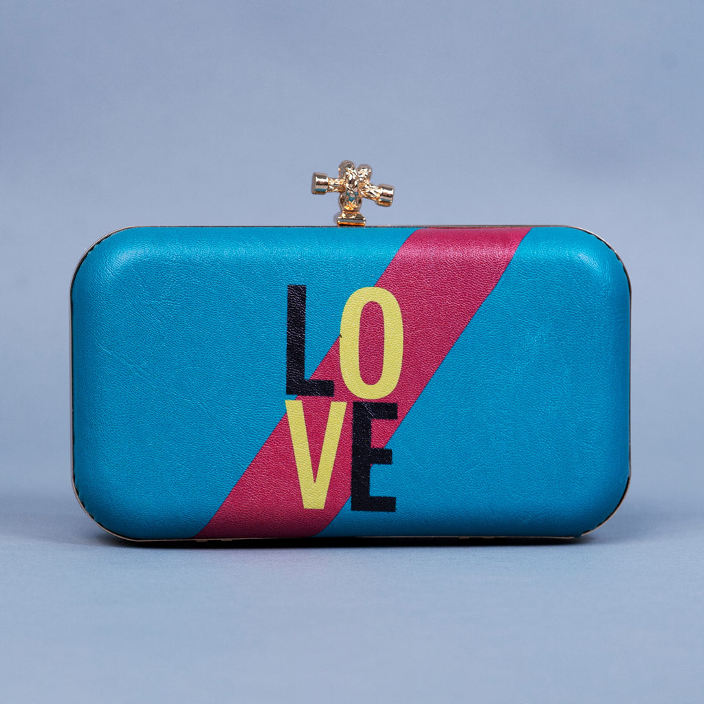 Artklim Sky Blue Based Love Printed Leatherette Clutch