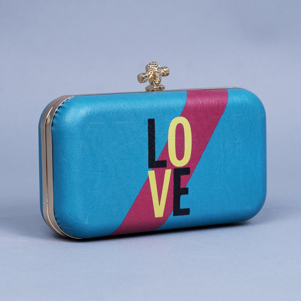 Artklim Sky Blue Based Love Printed Leatherette Clutch