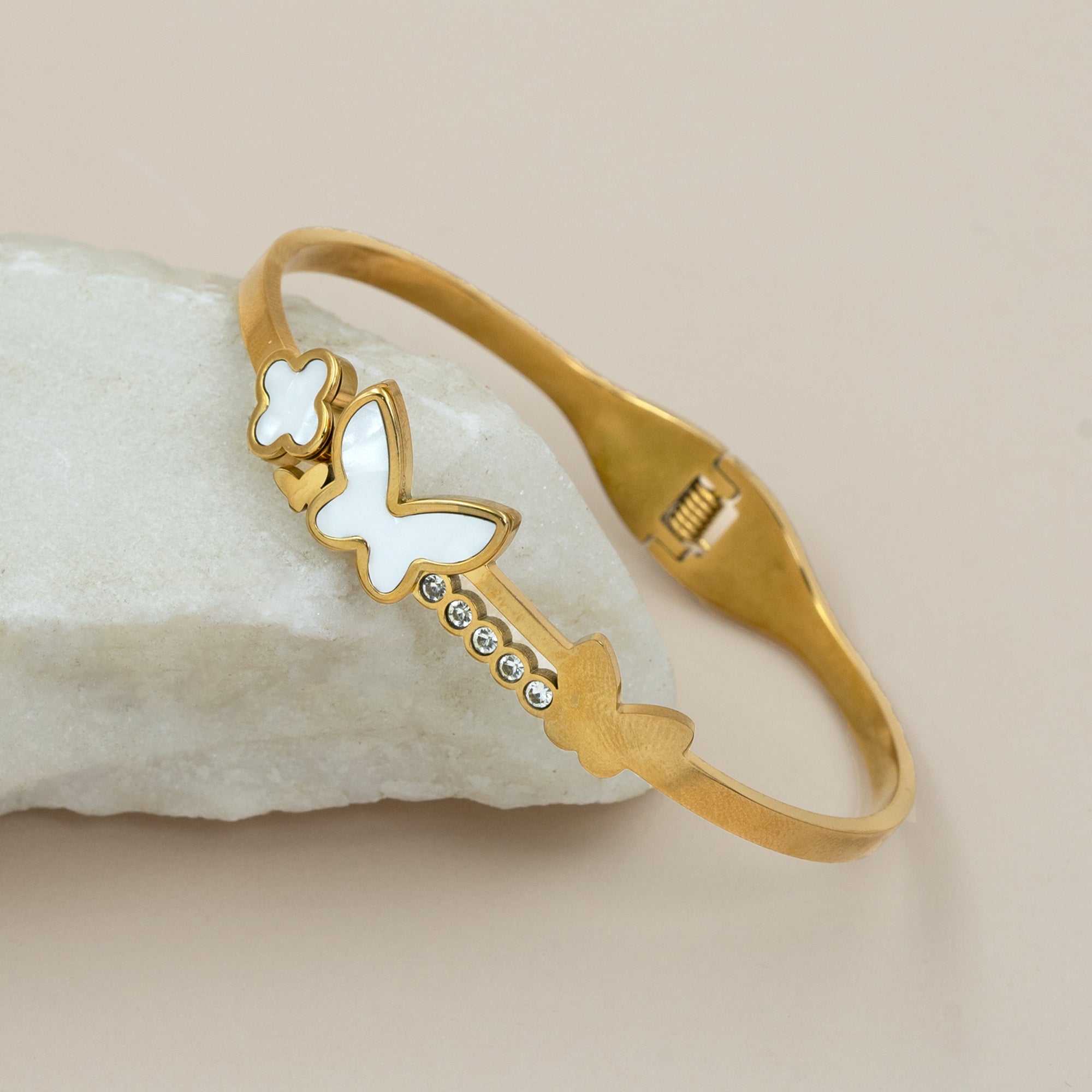 Artklim Gold Plated White MOP Butterfly Bangle Bracelet