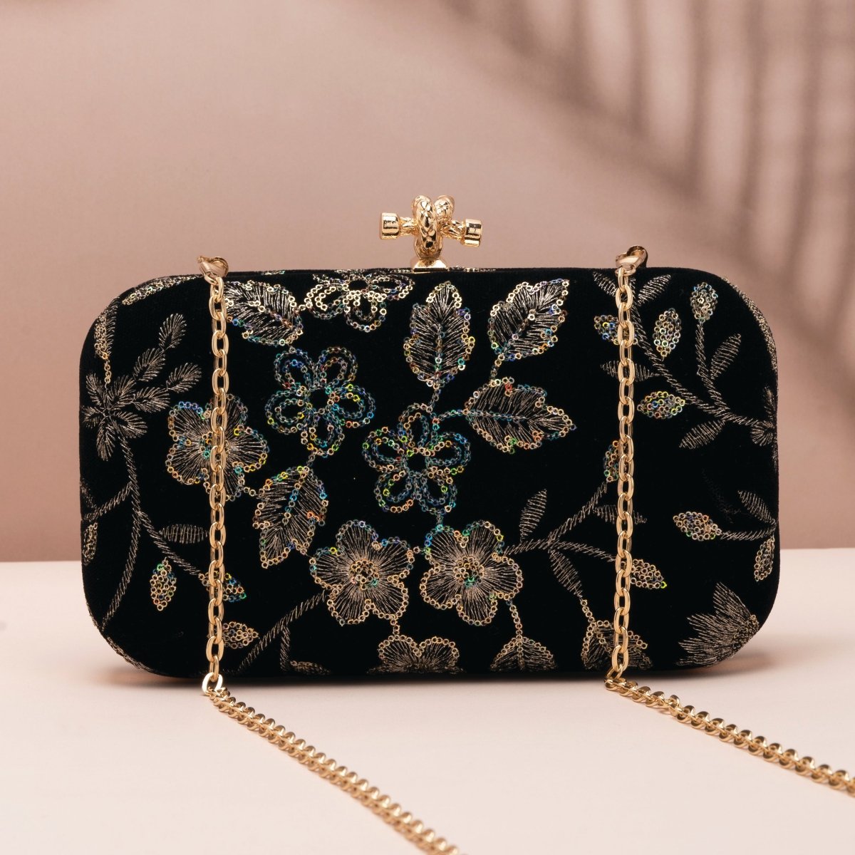 Artklim Black Based Floral Sequins Embroidery Fabric Clutch