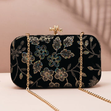Artklim Black Based Floral Sequins Embroidery Fabric Clutch