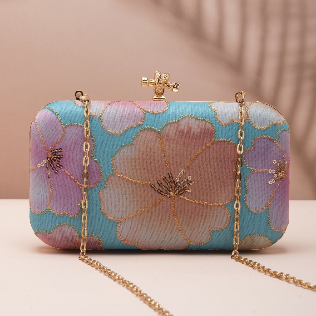 Artklim Pastel Blue Base Floral Printed Fabric Clutch