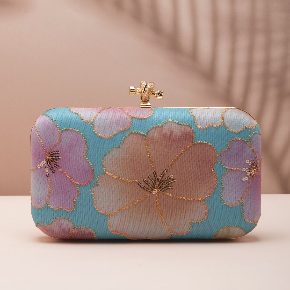 Artklim Pastel Blue Base Floral Printed Fabric Clutch