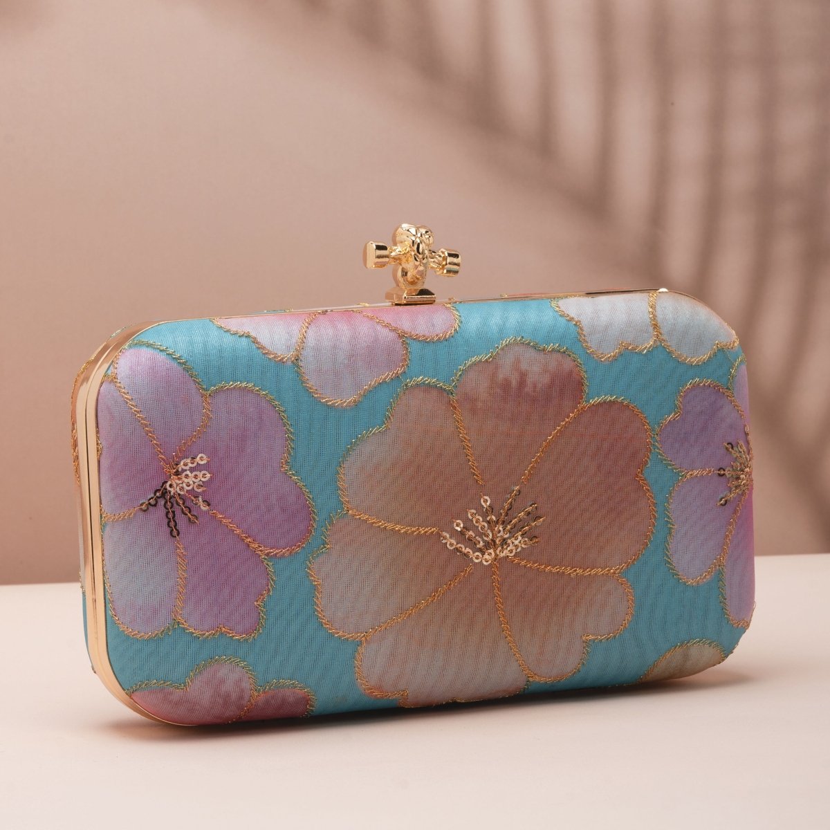 Artklim Pastel Blue Base Floral Printed Fabric Clutch