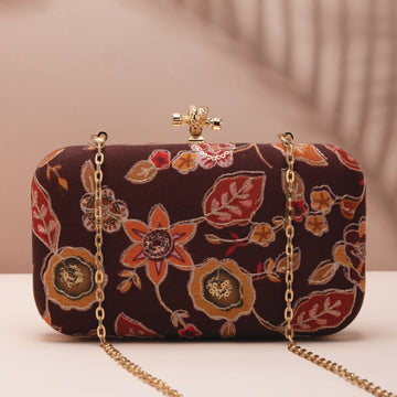 Artklim Brown Based Orange Floral Printed Fabric Clutch