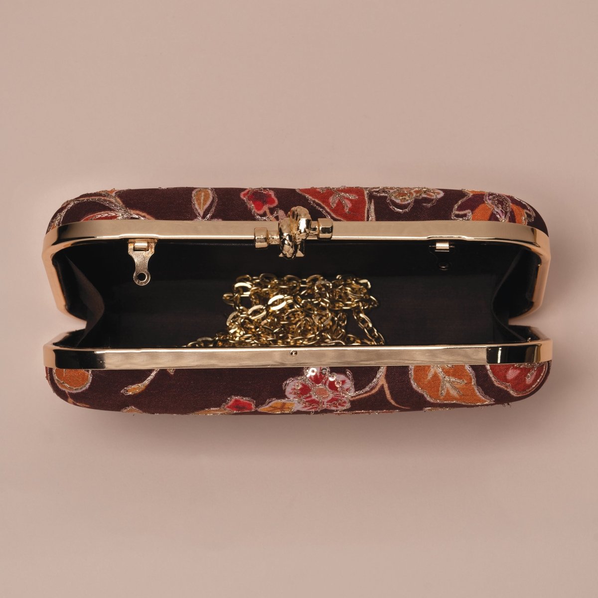 Artklim Brown Base Orange Floral Printed Fabric Clutch