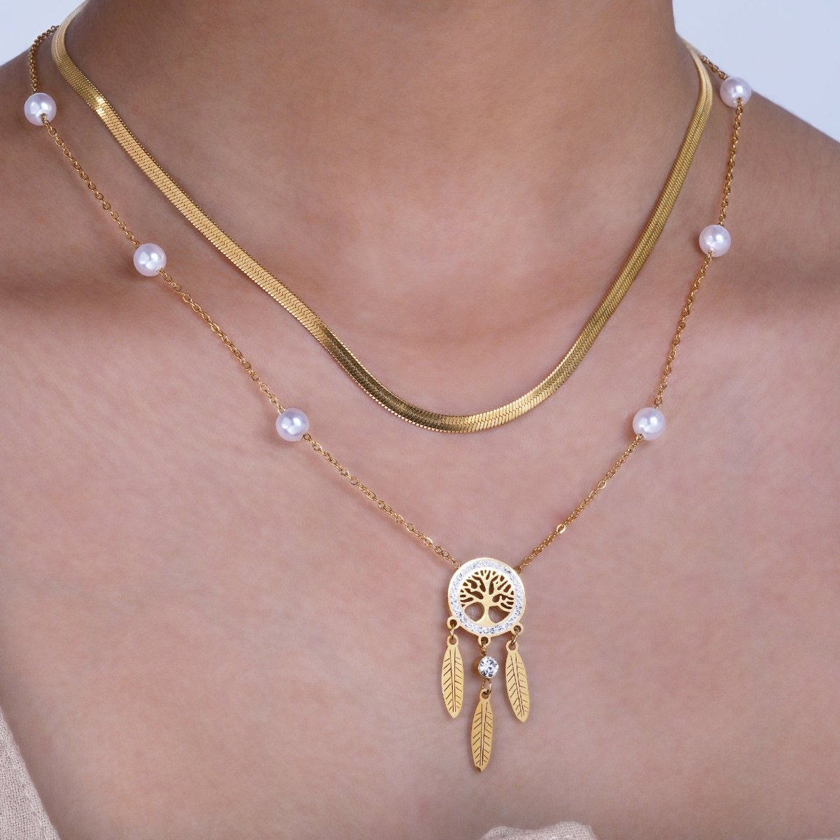 Artklim Gold Plated Dreamcatcher Tree Of Life Layered Necklace