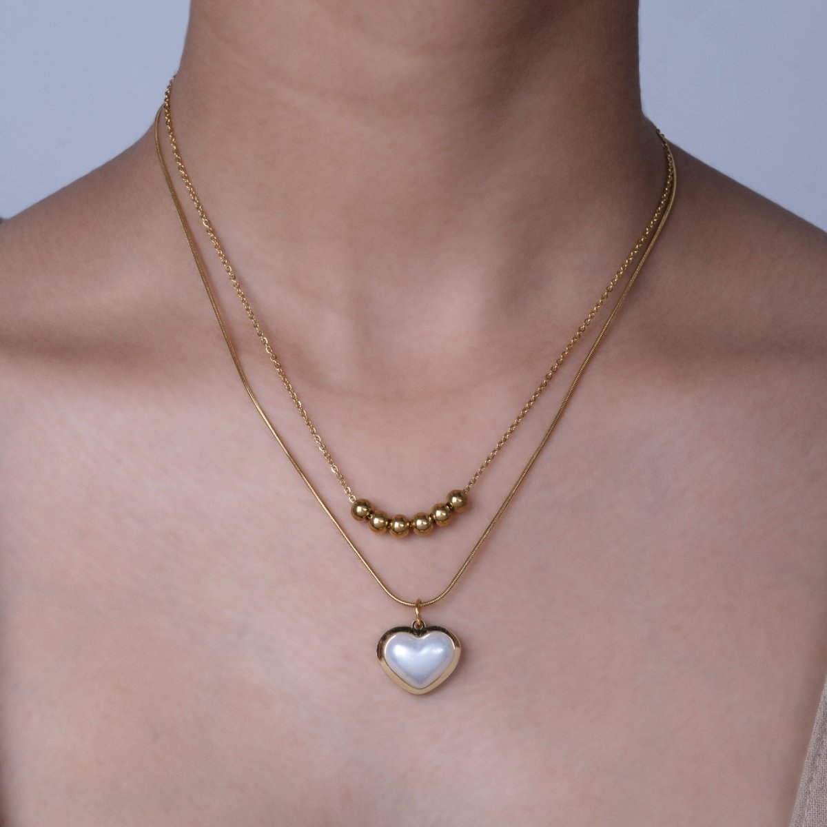 Artklim Gold Plated White Heart Pendant Layered Necklace