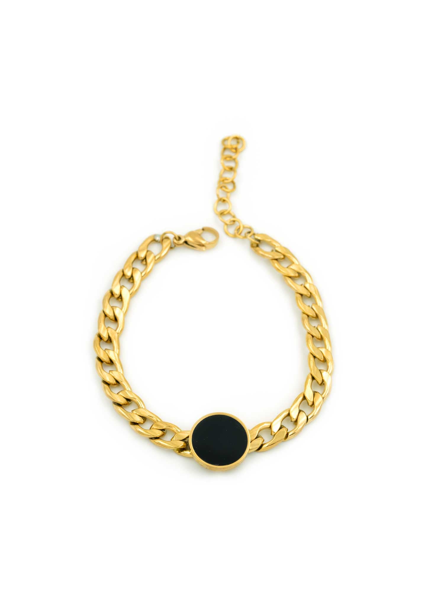 Artklim Gold Curb Chain Bracelet with Black Round Centerpiece