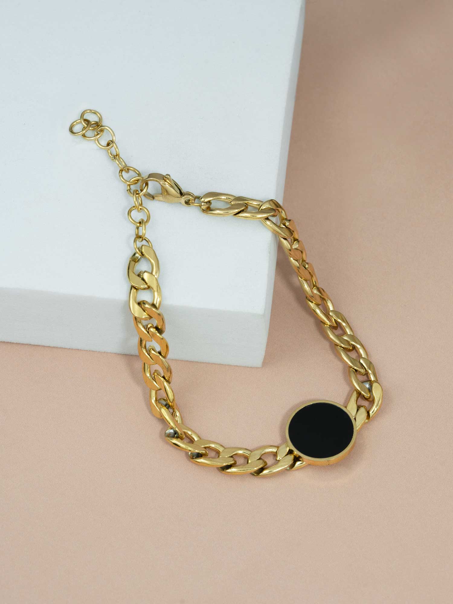 Artklim Gold Curb Chain Bracelet with Black Round Centerpiece