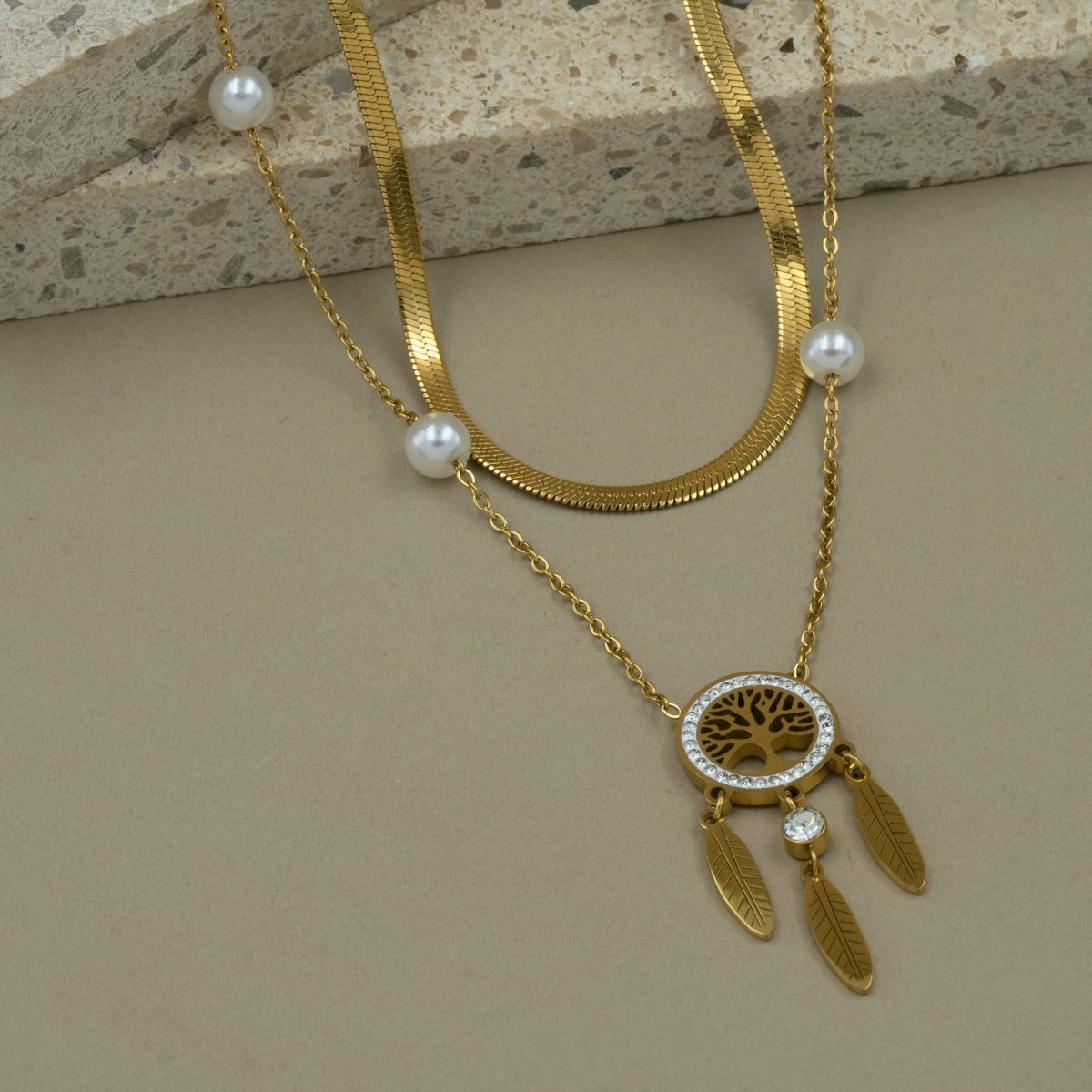 Artklim Gold Plated Dreamcatcher Tree Of Life Layered Necklace