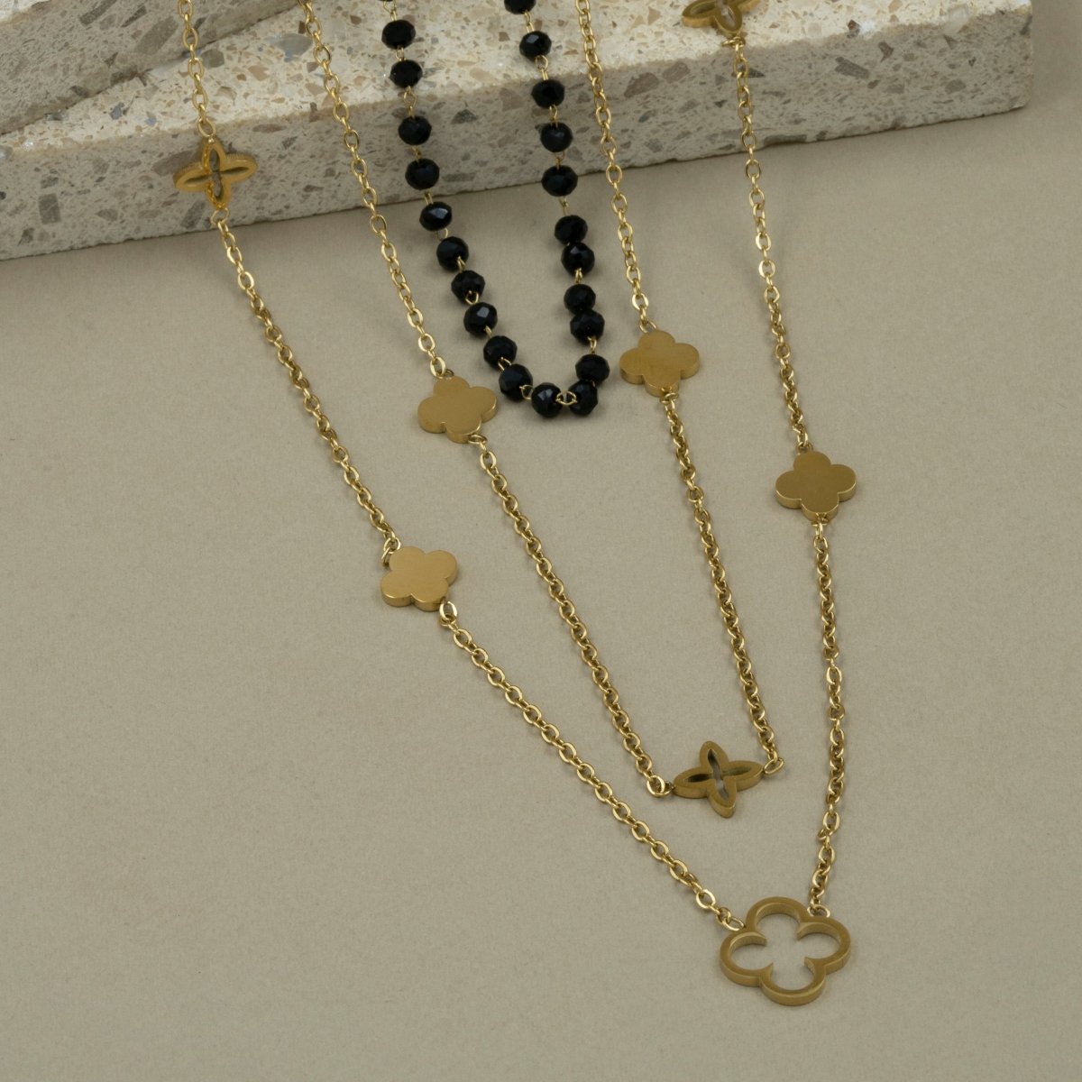 Artklim Gold Plated Elegant Clover And Bead Layered Necklace