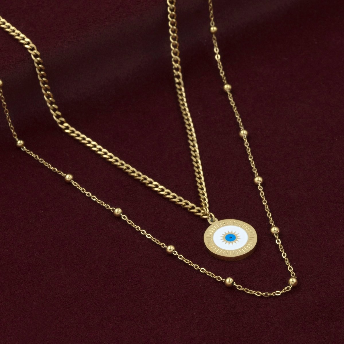Artklim Gold Plated Dual Layered Round Evil Eye Pendant Necklace
