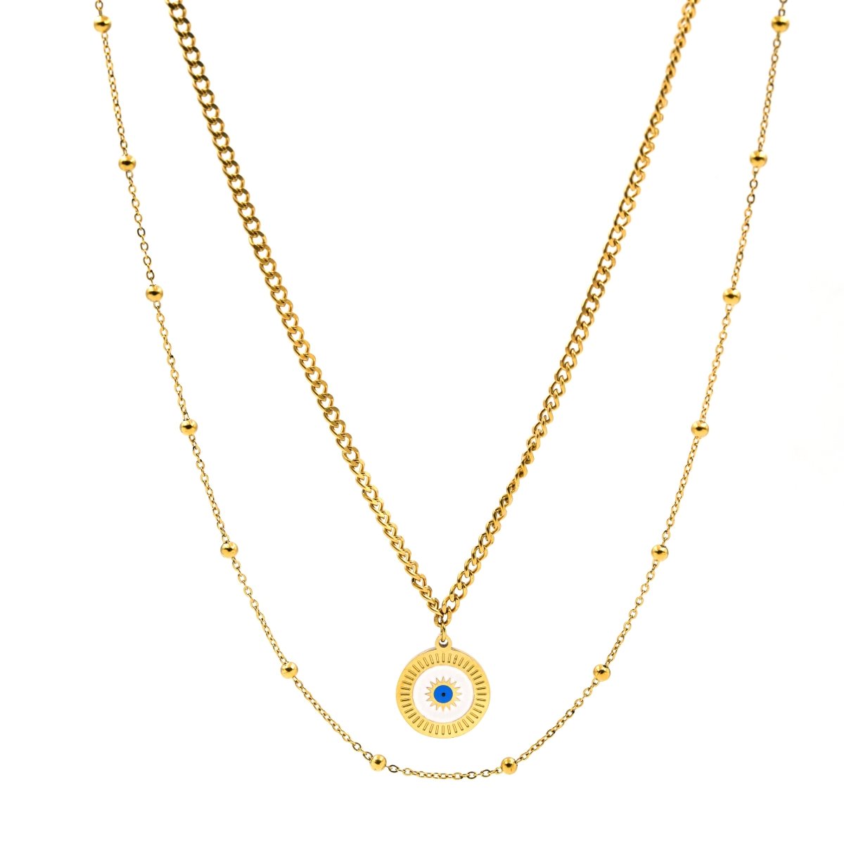 Artklim Gold Plated Dual Layered Round Evil Eye Pendant Necklace