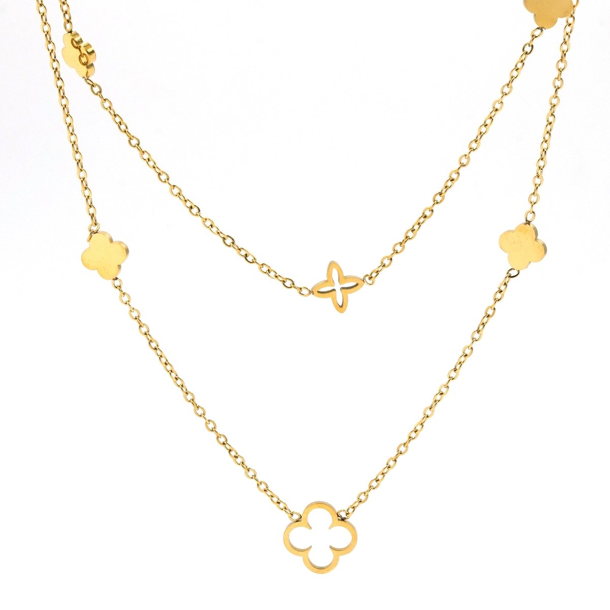 Artklim Gold Plated Elegant Clover And Bead Layered Necklace