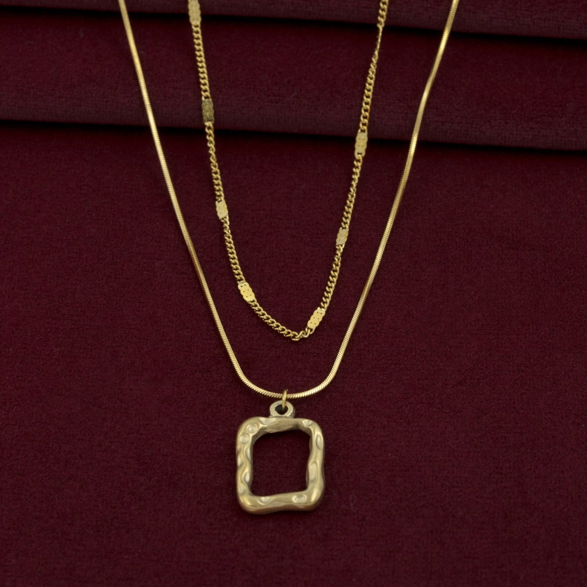Artklim Gold Plated Hollow Square Pendant Double Layered Necklace