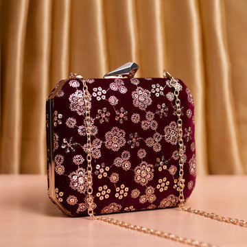 Maroon Floral Sequins Embroidery Party Clutch