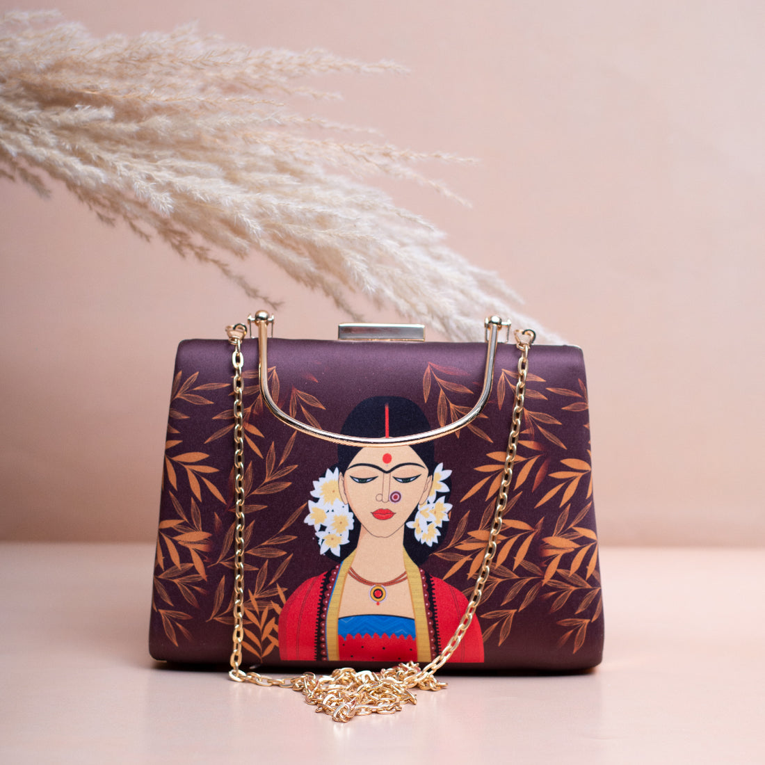 Artklim Brown Based Elegant Lady Portrait Printed Clutch