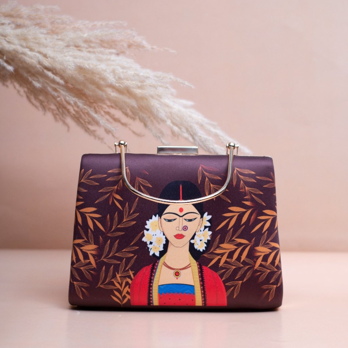 Artklim Brown Based Elegant Lady Portrait Printed Clutch