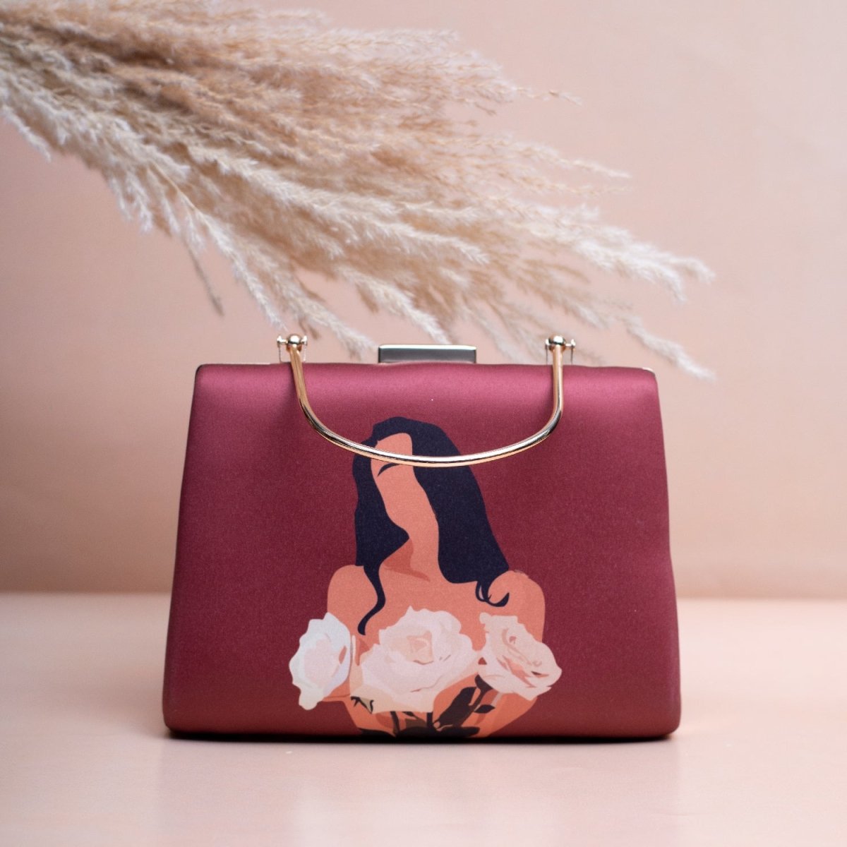 Artklim Maroon Based Floral Girl Portrait Printed Clutch