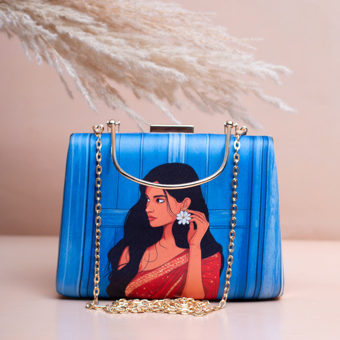 Artklim Blue Based Red Saree Women Portrait Printed Clutch