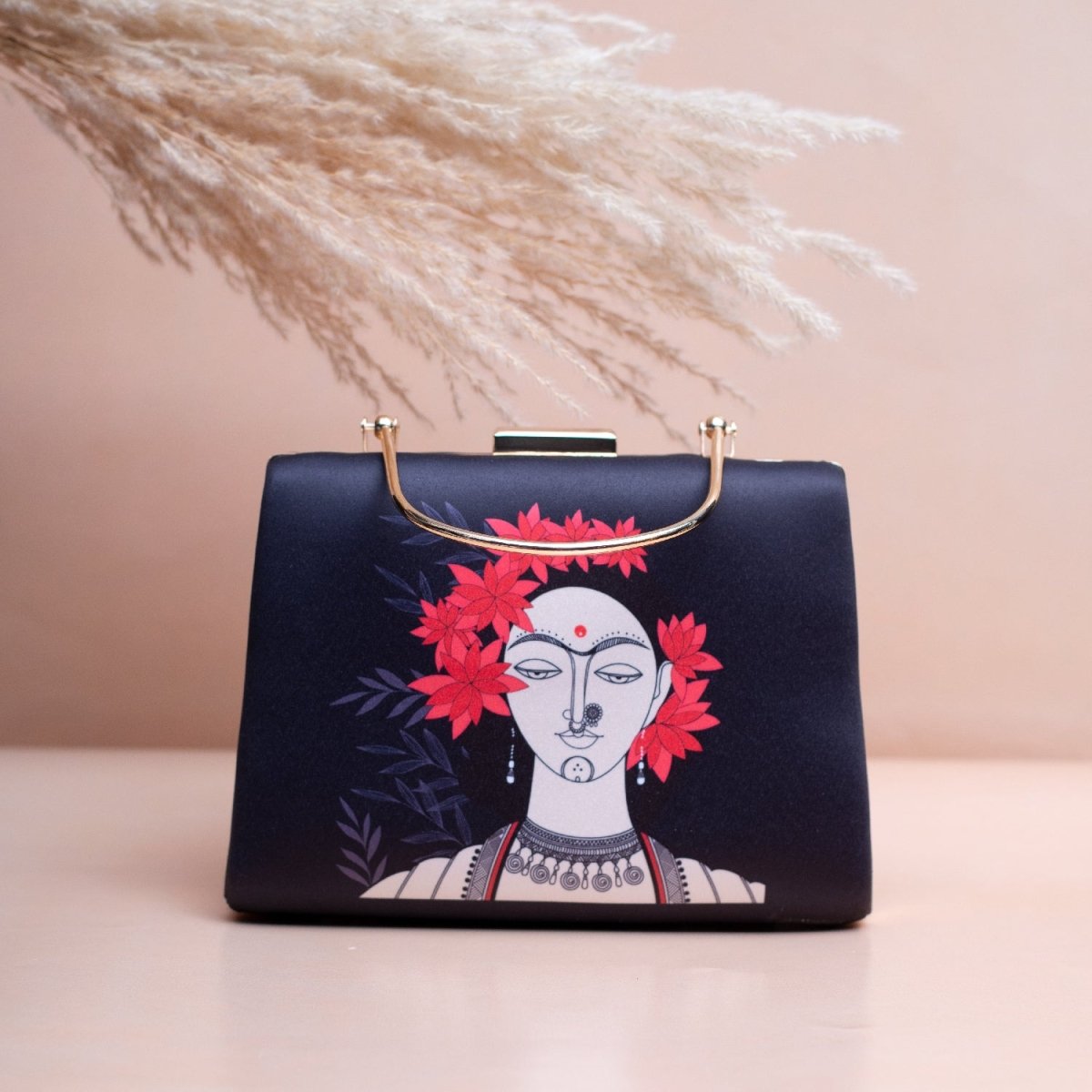 Artklim Black Based Floral Lady Portrait Printed Clutch