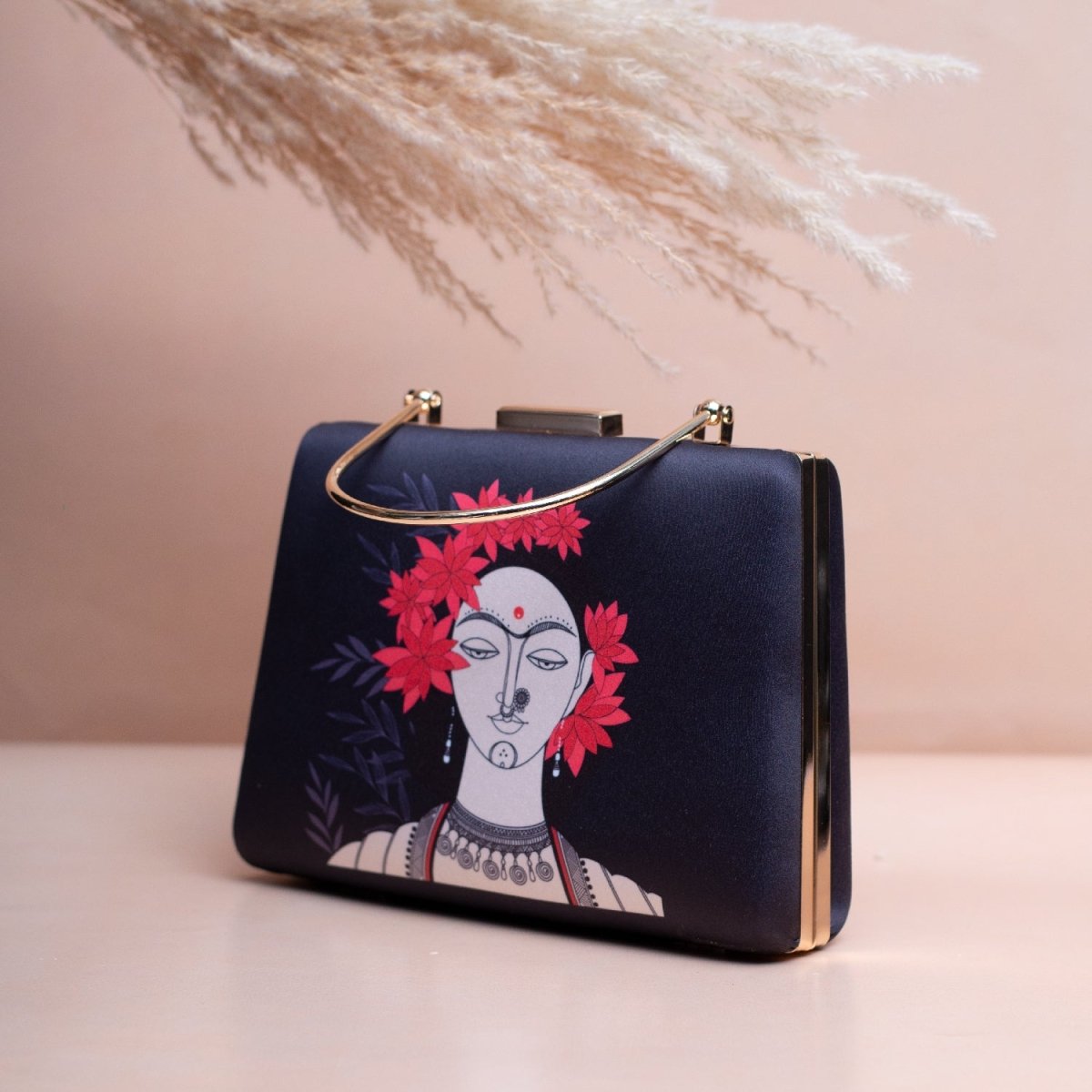 Artklim Black Based Floral Lady Portrait Printed Clutch