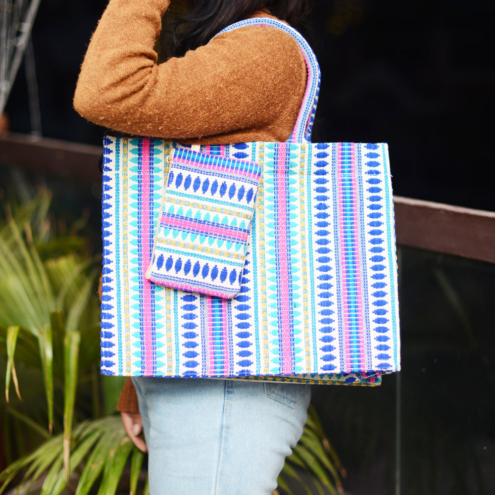 Multicoloured Box Style Tote Bag With A Pouch