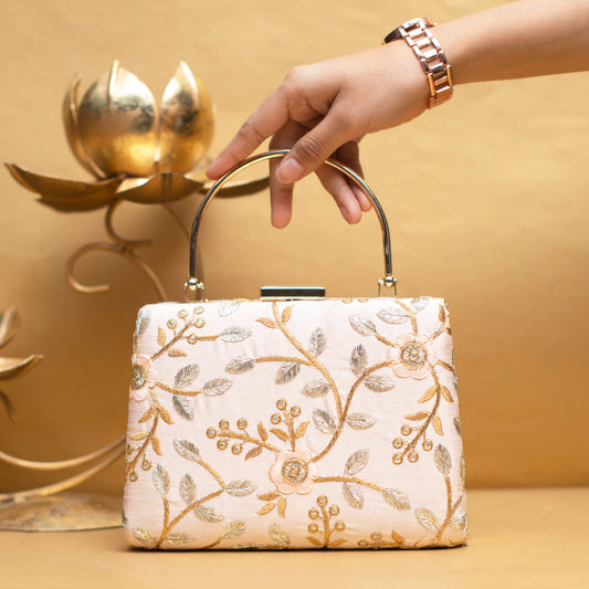 Peach Floral Embroidery Clutch