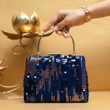 Blue Sequins Embroidery Velvet Clutch