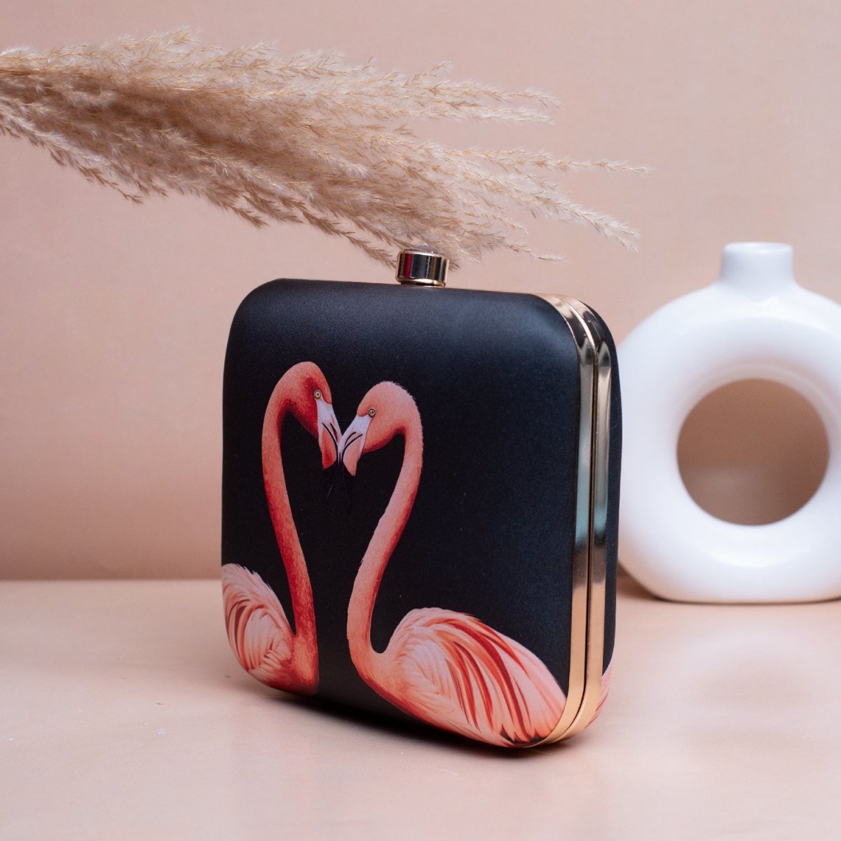 Artklim Black Based Pink Flamingos Printed Clutch