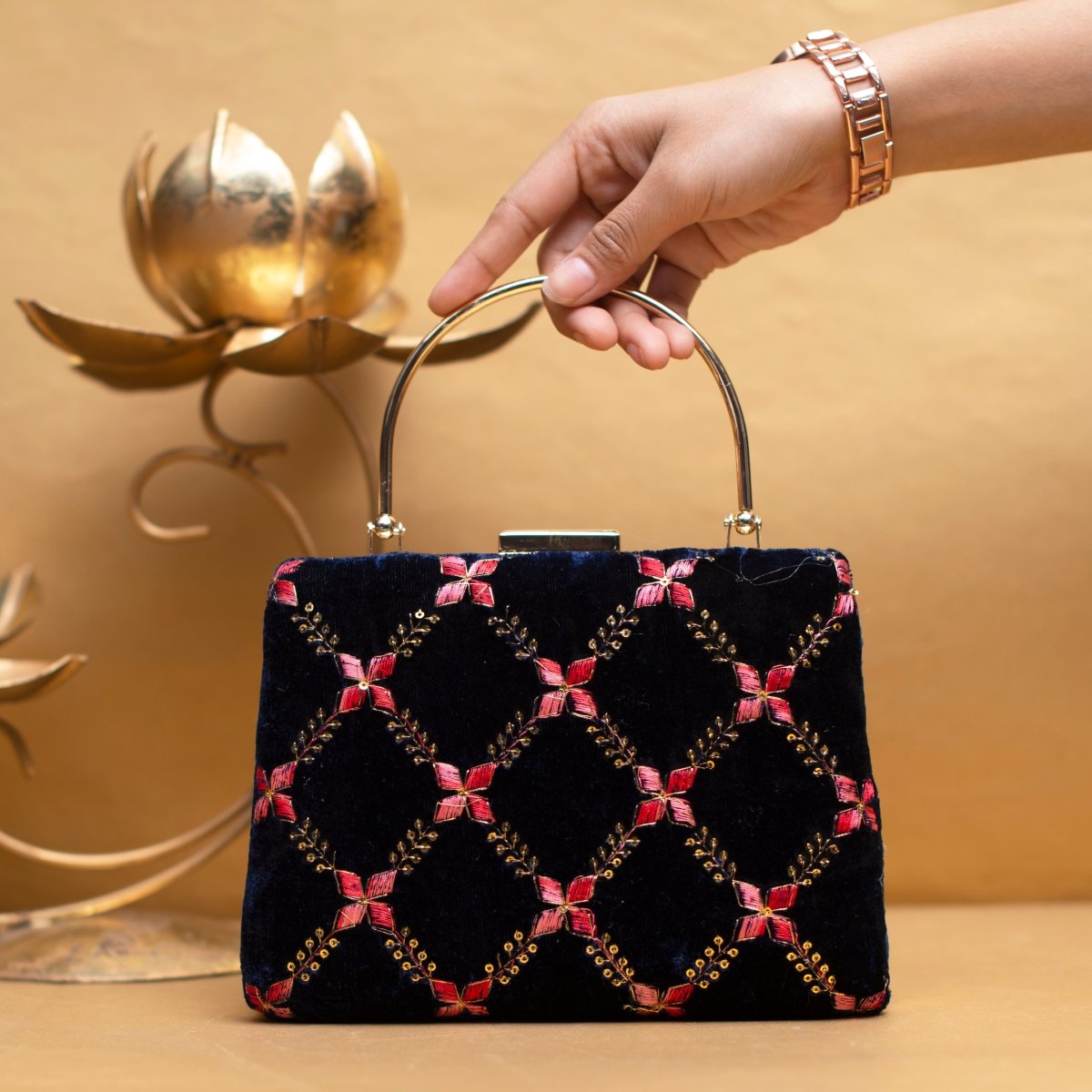 Blue Embroidery Velvet Clutch