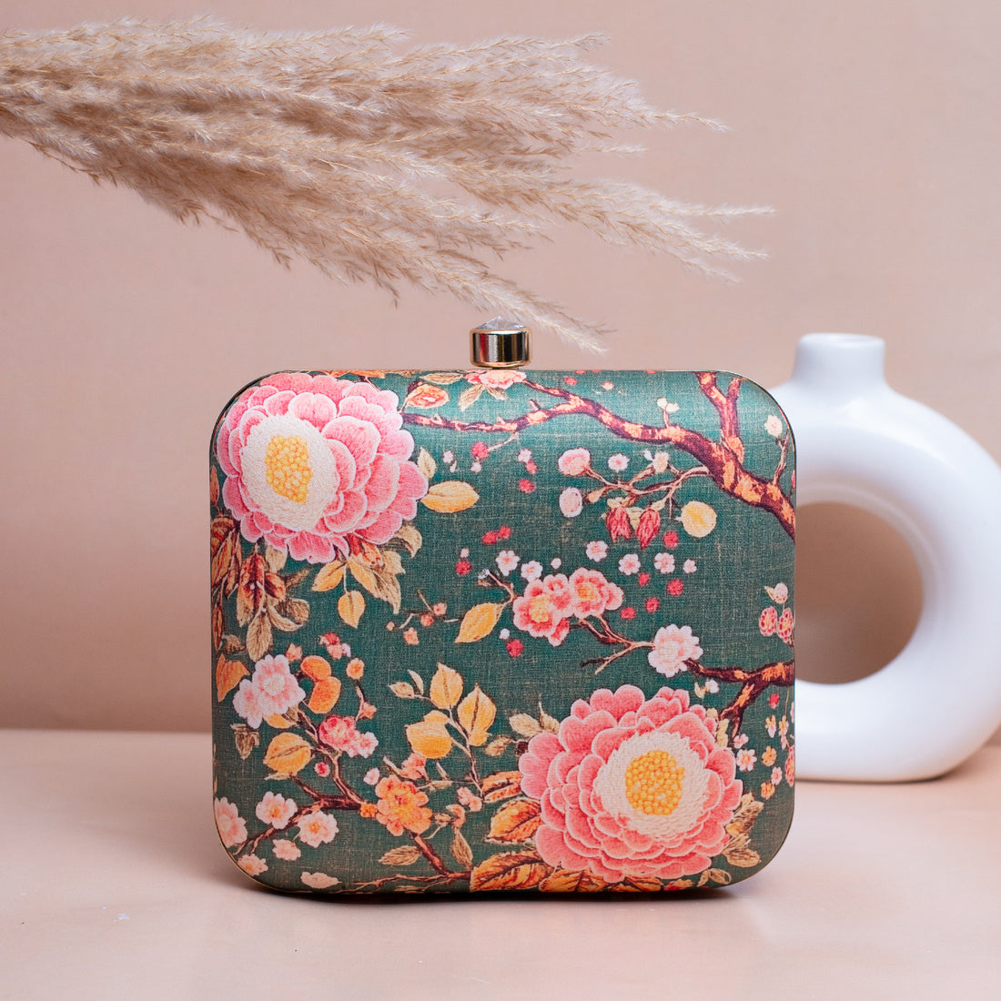 Artklim Olive Green Based Pink Floral Printed Clutch