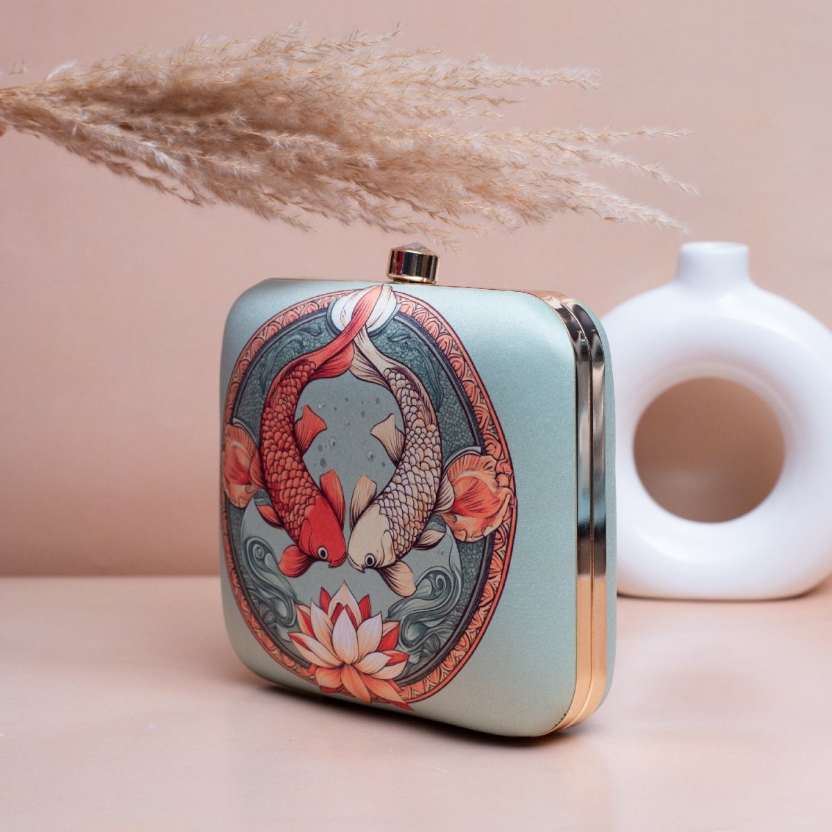 Artklim Light Blue Based Koi Fish Printed Clutch