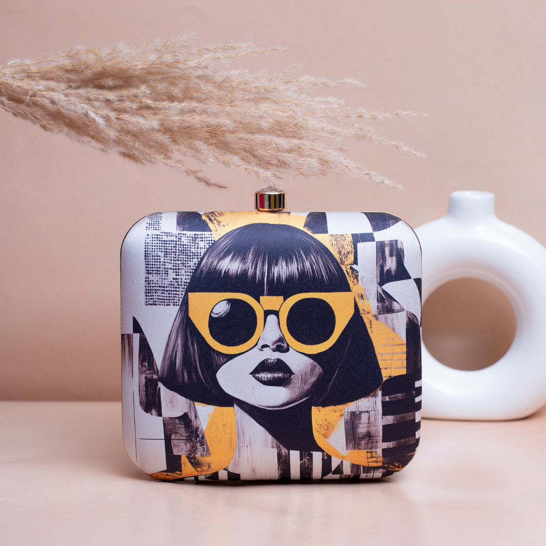 Artklim White Based Modern Girl Portrait Printed Clutch