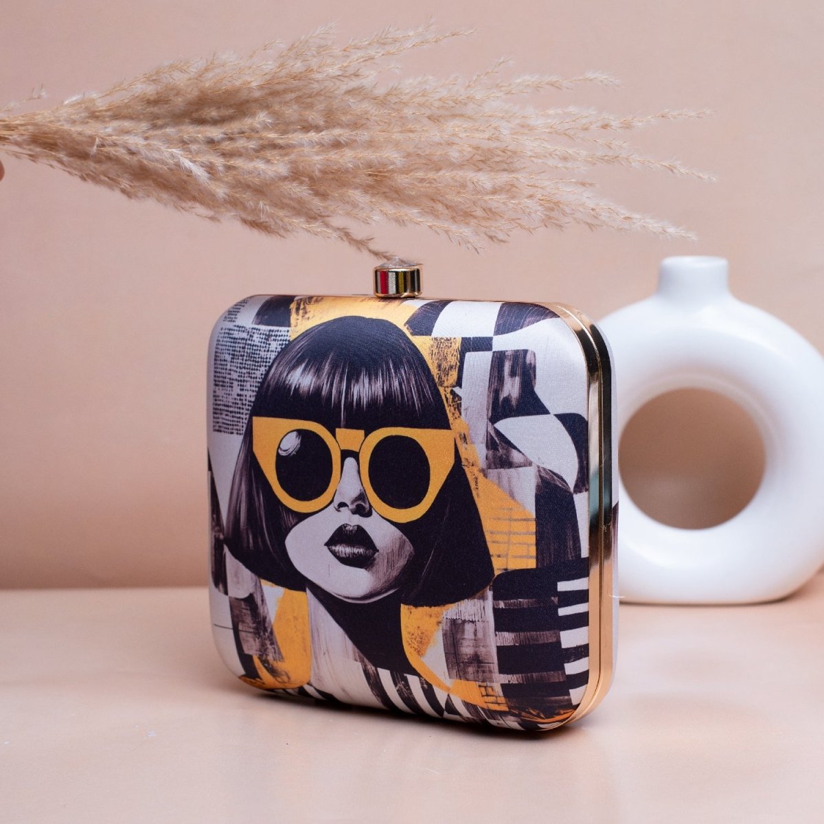 Artklim White Based Modern Girl Portrait Printed Clutch