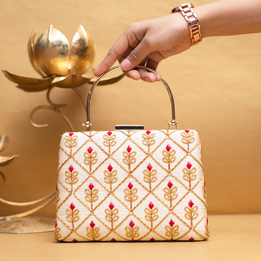 White Check Pattern Embroidery Clutch