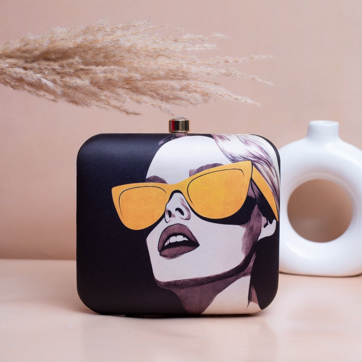 Artklim Black Based Women Portrait Printed Clutch