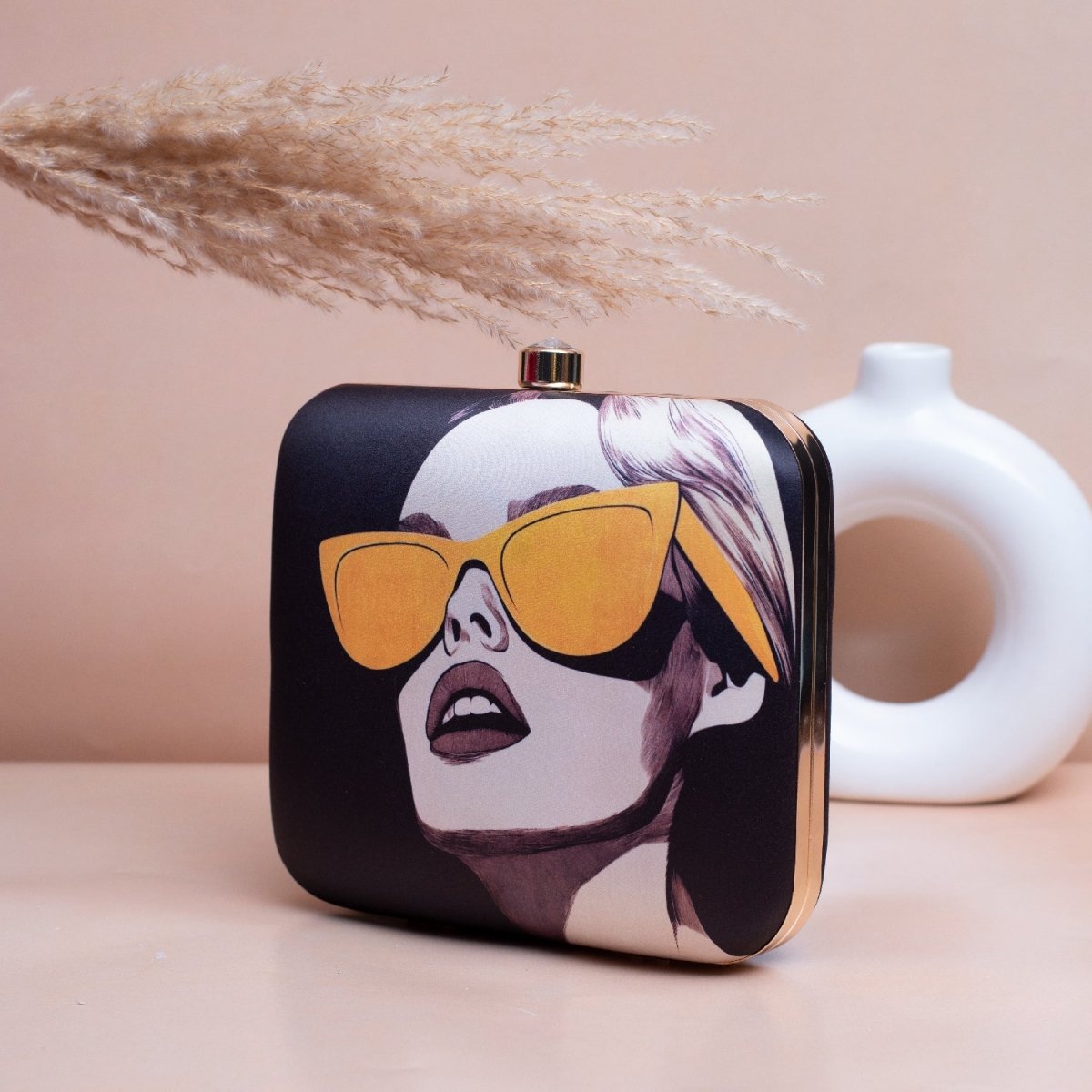 Artklim Black Based Women Portrait Printed Clutch
