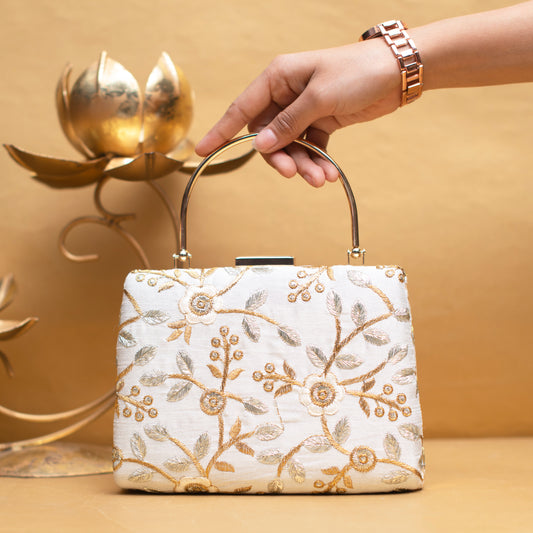 White And Golden Floral Embroidery Clutch