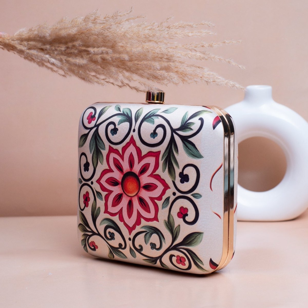 Artklim Beige Based Pink Floral Printed Clutch