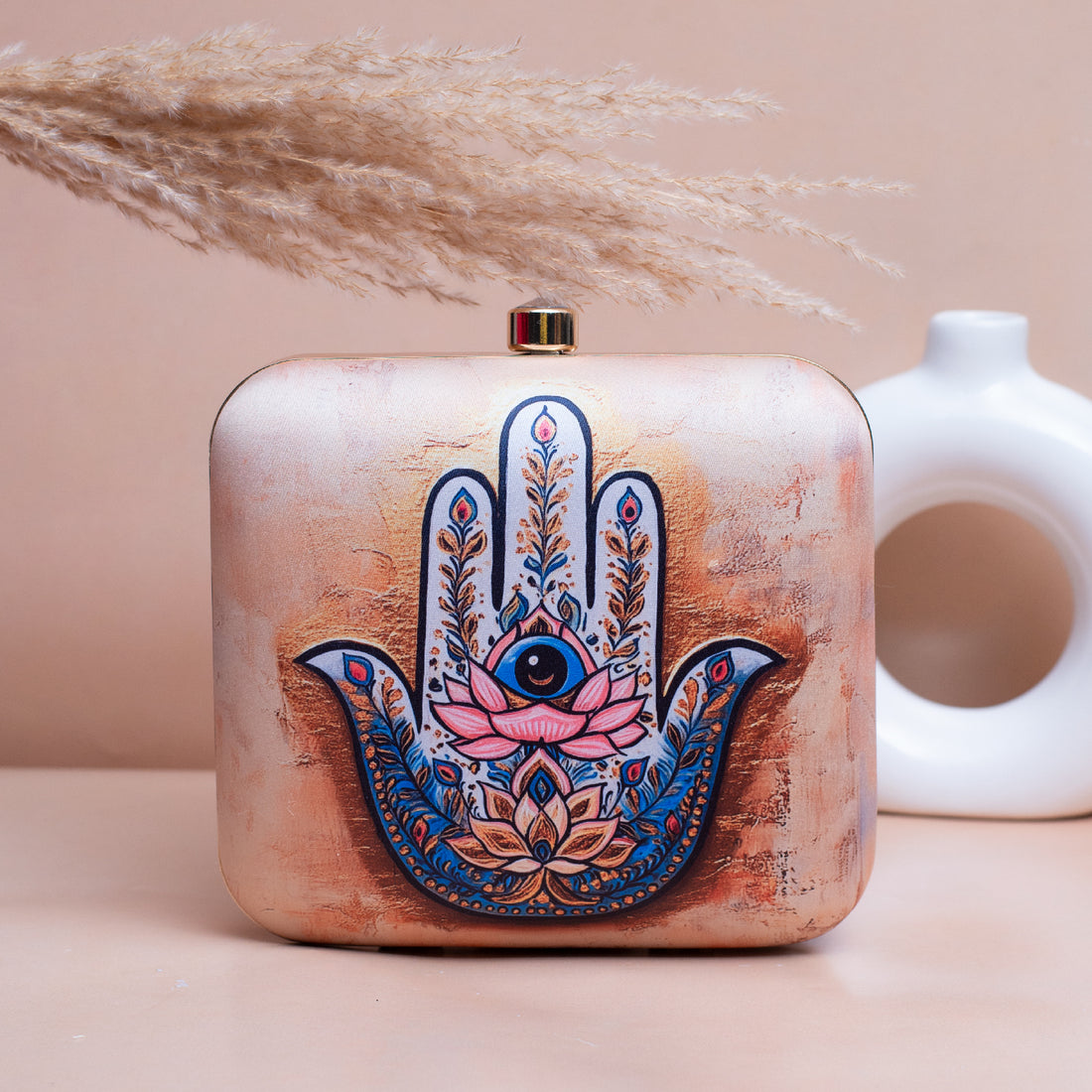 Artklim Beige Based Hamsa Hand Printed Clutch