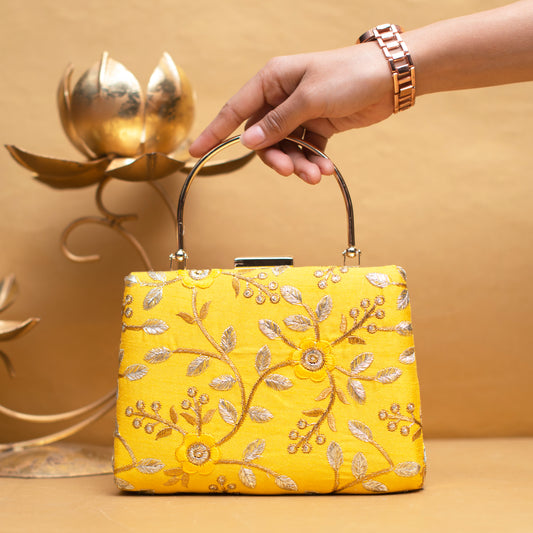 Yellow Floral Embroidery Clutch